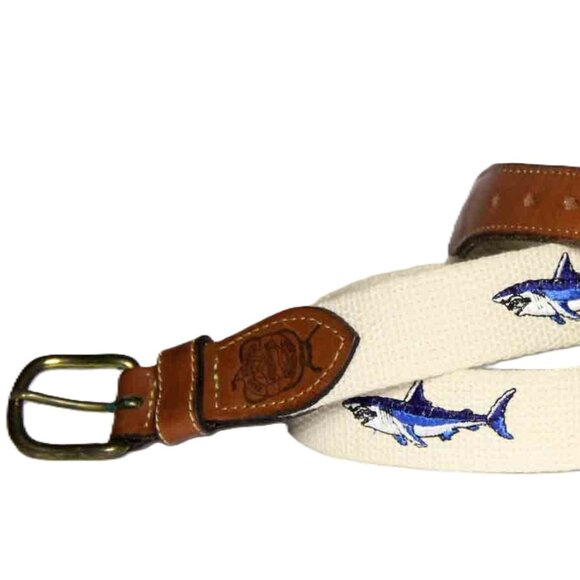 Reef Riders Canvas and Leather Belt Sharks Pattern White Brown Men's FITS 30 - Picture 2 of 2